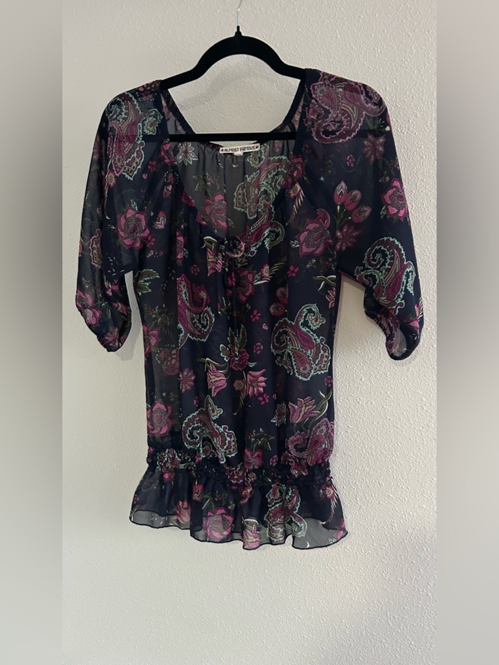 Almost Famous Navy Sheer Paisley Blouse with Pink & Teal Accents